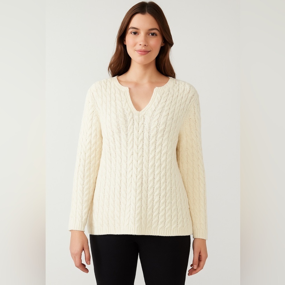 Liz Claiborne Women’s 2X Cable Knit Sweater Cream Ivory V-Neck Cozy Classic